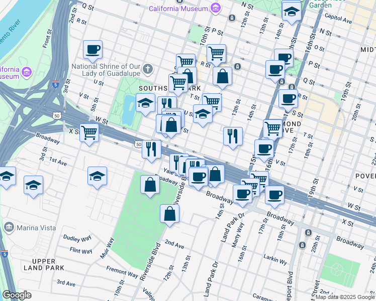 map of restaurants, bars, coffee shops, grocery stores, and more near 1100 X Street in Sacramento