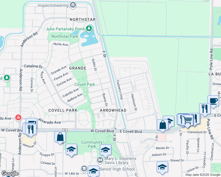 map of restaurants, bars, coffee shops, grocery stores, and more near 2606 Bueno Drive in Davis