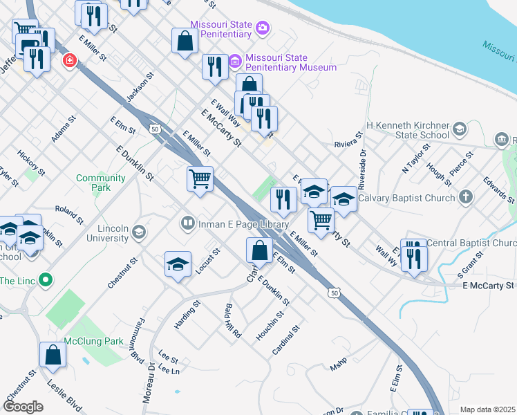 map of restaurants, bars, coffee shops, grocery stores, and more near 1112 East Miller Street in Jefferson City