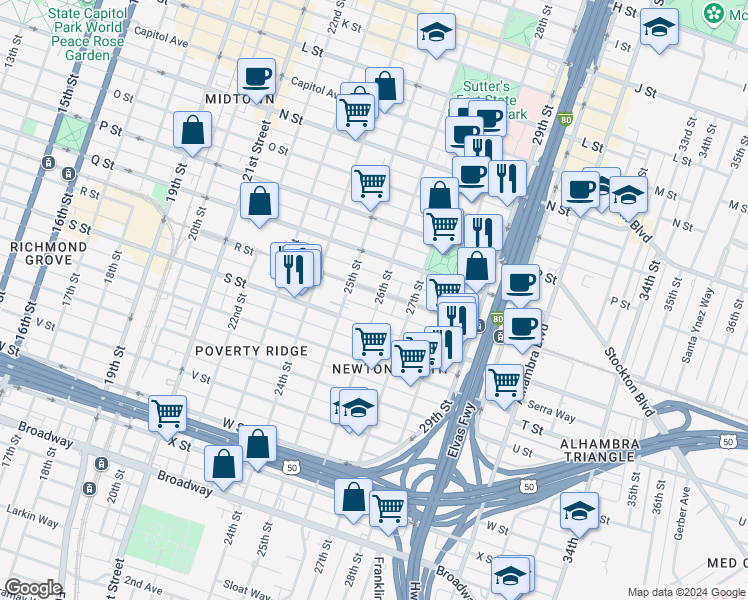 map of restaurants, bars, coffee shops, grocery stores, and more near 1806 26th Street in Sacramento