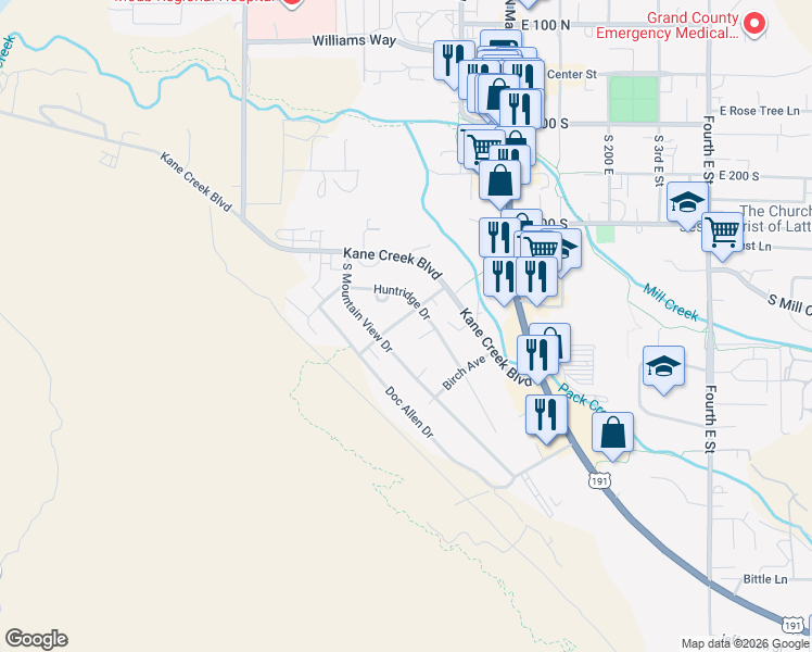 map of restaurants, bars, coffee shops, grocery stores, and more near 549 South Mountain View Drive in Moab