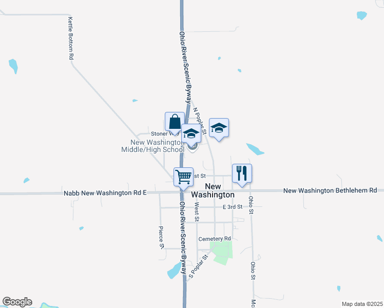 map of restaurants, bars, coffee shops, grocery stores, and more near 226 Indiana 62 in New Washington