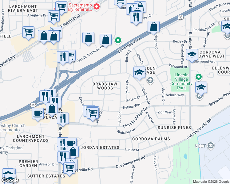 map of restaurants, bars, coffee shops, grocery stores, and more near 9825 Winterwood Way in Sacramento