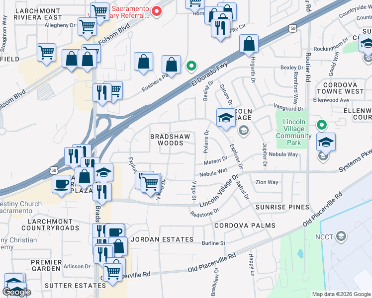 map of restaurants, bars, coffee shops, grocery stores, and more near 9825 Winterwood Way in Sacramento