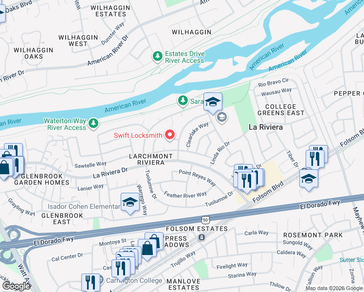 map of restaurants, bars, coffee shops, grocery stores, and more near 9054 Rawhide Way in Sacramento