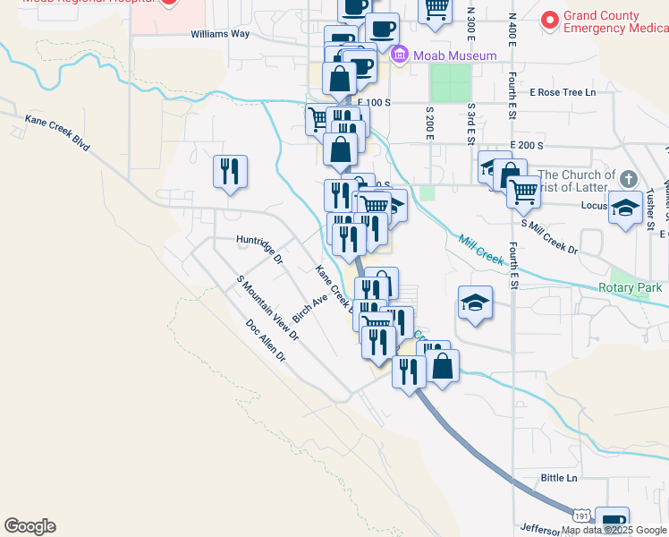map of restaurants, bars, coffee shops, grocery stores, and more near 550 South Main Street in Moab