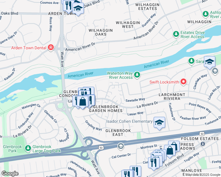 map of restaurants, bars, coffee shops, grocery stores, and more near 8716 Woodman Way in Sacramento
