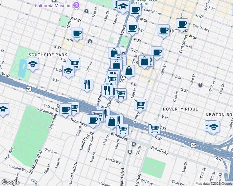 map of restaurants, bars, coffee shops, grocery stores, and more near 2126 17th Street in Sacramento