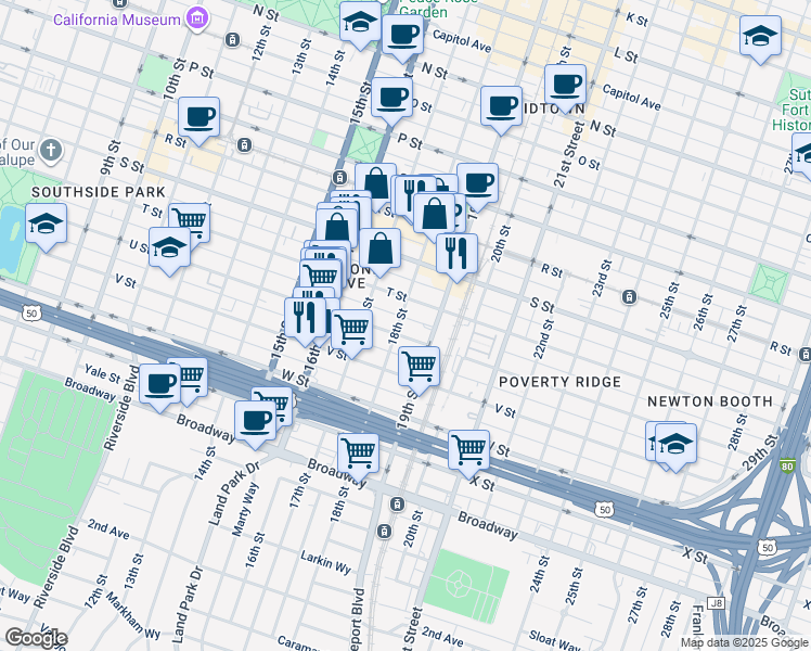 map of restaurants, bars, coffee shops, grocery stores, and more near 2019 18th Street in Sacramento