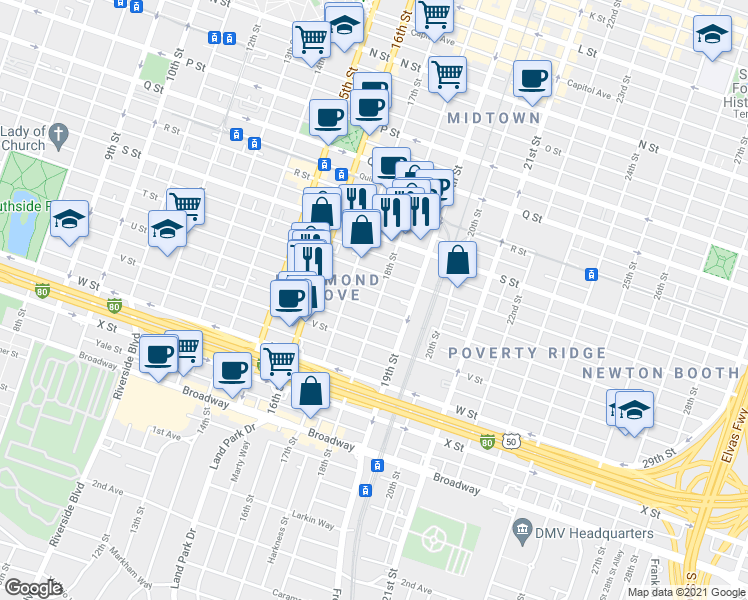 map of restaurants, bars, coffee shops, grocery stores, and more near 1729 U Street in Sacramento