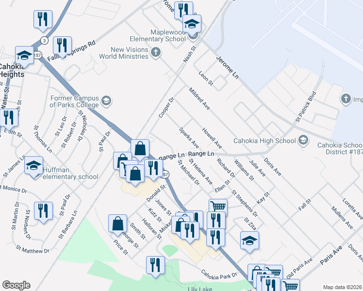 map of restaurants, bars, coffee shops, grocery stores, and more near in Cahokia