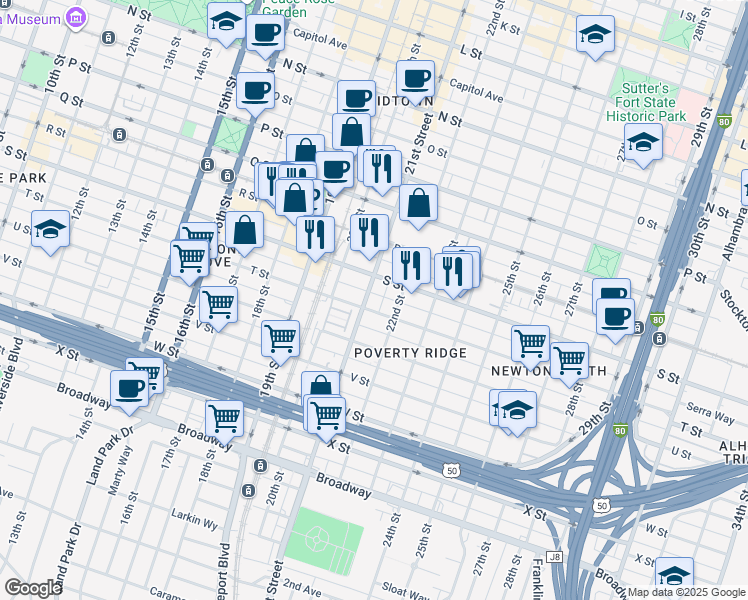 map of restaurants, bars, coffee shops, grocery stores, and more near 1921 21st Street in Sacramento