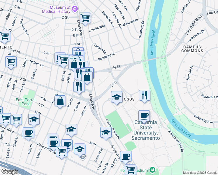 map of restaurants, bars, coffee shops, grocery stores, and more near 5904-5974 J St in Sacramento