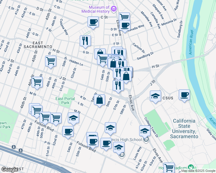 map of restaurants, bars, coffee shops, grocery stores, and more near 5501 J Street in Sacramento