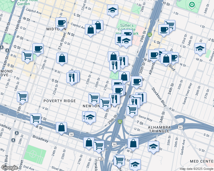 map of restaurants, bars, coffee shops, grocery stores, and more near 1801 27th Street in Sacramento