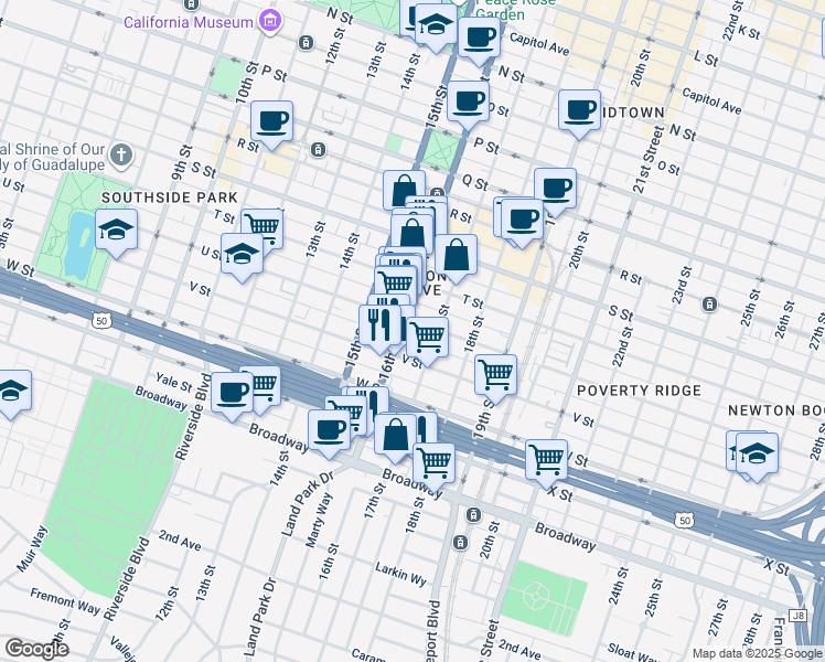 map of restaurants, bars, coffee shops, grocery stores, and more near 2126 17th Street in Sacramento