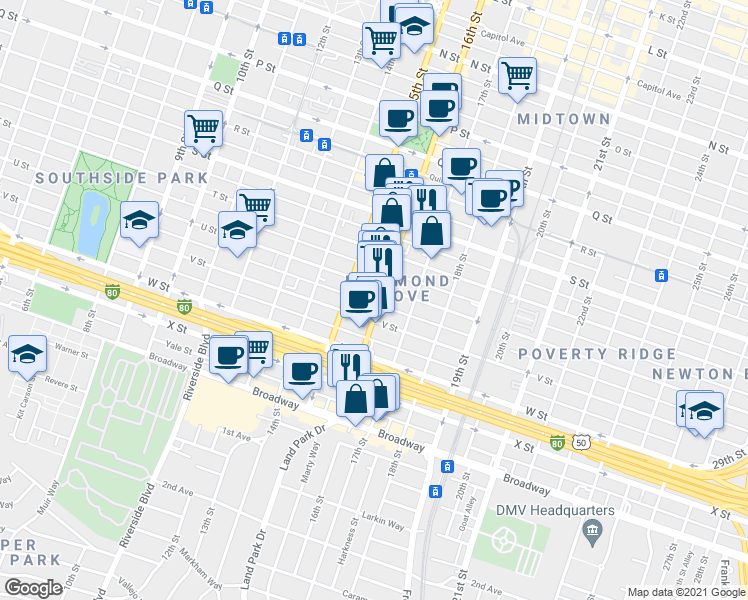 map of restaurants, bars, coffee shops, grocery stores, and more near 2130 16th Street in Sacramento