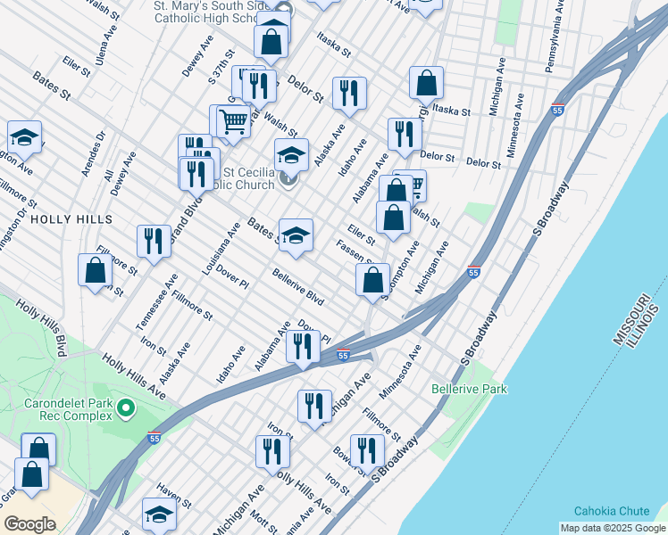map of restaurants, bars, coffee shops, grocery stores, and more near 539 Bates Street in St. Louis