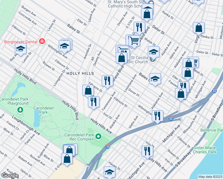 map of restaurants, bars, coffee shops, grocery stores, and more near 2500 Wilmington Avenue in St. Louis