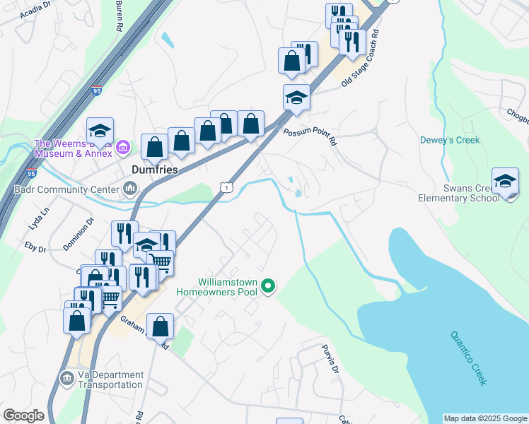 map of restaurants, bars, coffee shops, grocery stores, and more near 3681 Dahlgren Place in Dumfries