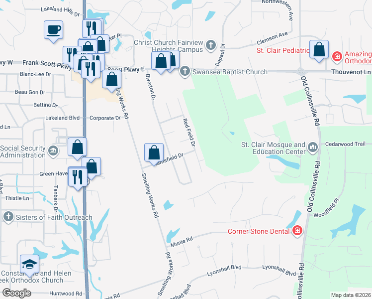 map of restaurants, bars, coffee shops, grocery stores, and more near 4180 Addiston Drive in Belleville