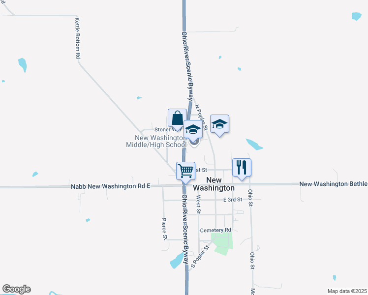 map of restaurants, bars, coffee shops, grocery stores, and more near 226 Indiana 62 in New Washington