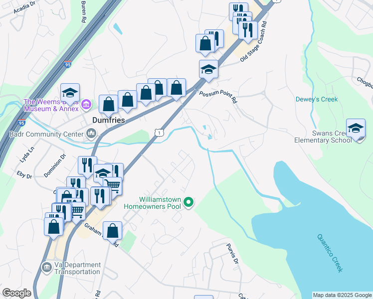 map of restaurants, bars, coffee shops, grocery stores, and more near 3681 Dahlgren Place in Dumfries