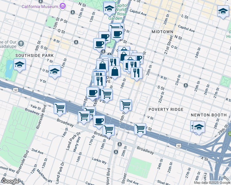 map of restaurants, bars, coffee shops, grocery stores, and more near 2106 18th Street in Sacramento