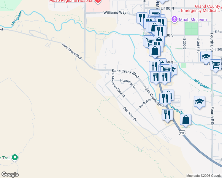 map of restaurants, bars, coffee shops, grocery stores, and more near 496 Doc Allen Drive in Moab