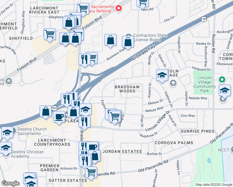 map of restaurants, bars, coffee shops, grocery stores, and more near 3357 Union Springs Way in Sacramento