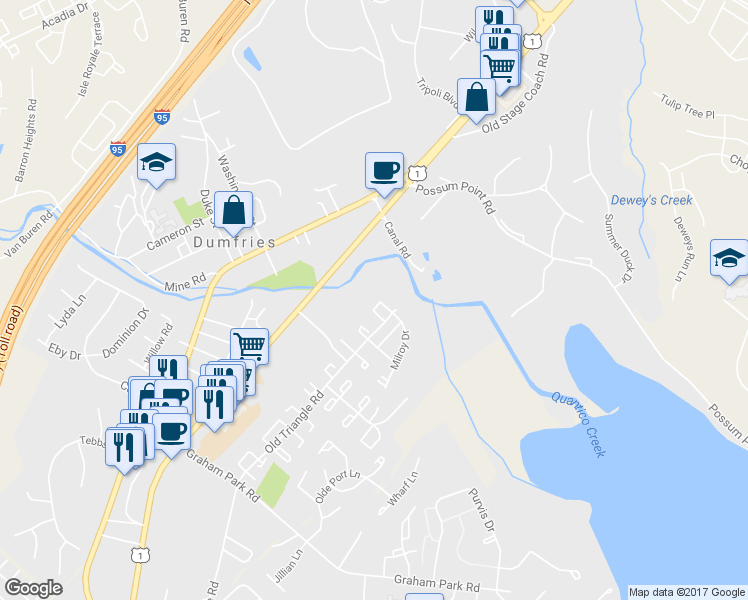 map of restaurants, bars, coffee shops, grocery stores, and more near 3657 Dahlgren Place in Dumfries