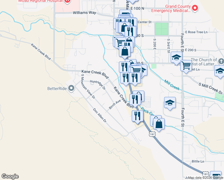 map of restaurants, bars, coffee shops, grocery stores, and more near 622 Kane Creek Boulevard in Moab