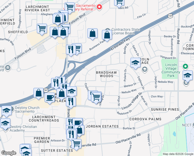 map of restaurants, bars, coffee shops, grocery stores, and more near 3357 Union Springs Way in Sacramento