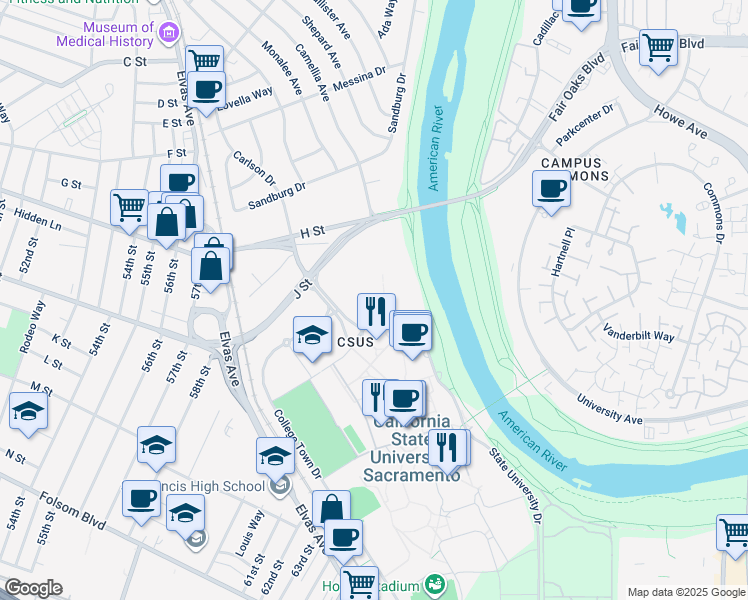 map of restaurants, bars, coffee shops, grocery stores, and more near State University Drive in Sacramento