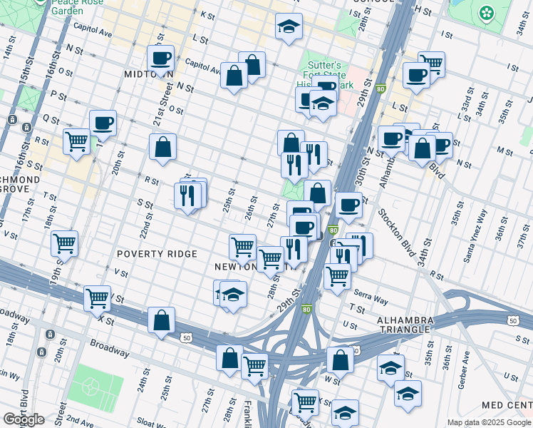 map of restaurants, bars, coffee shops, grocery stores, and more near 1801 27th Street in Sacramento