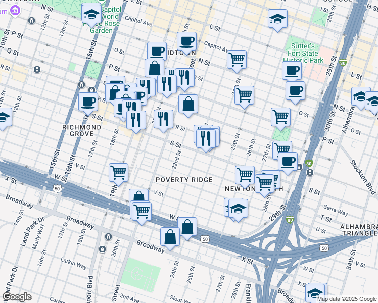 map of restaurants, bars, coffee shops, grocery stores, and more near 1921 23rd Street in Sacramento