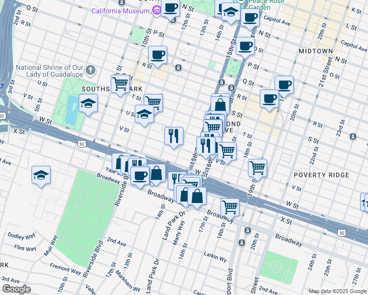 map of restaurants, bars, coffee shops, grocery stores, and more near 2216 14th Street in Sacramento