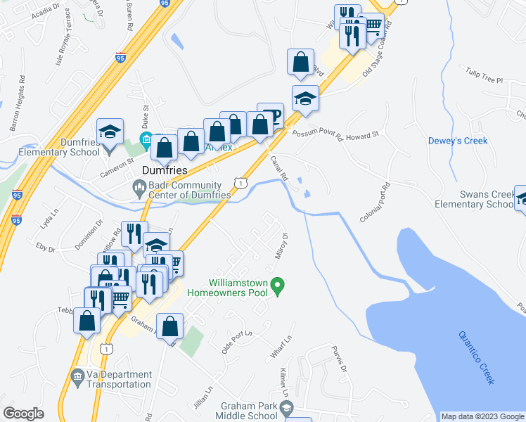 map of restaurants, bars, coffee shops, grocery stores, and more near 3657 Dahlgren Place in Dumfries