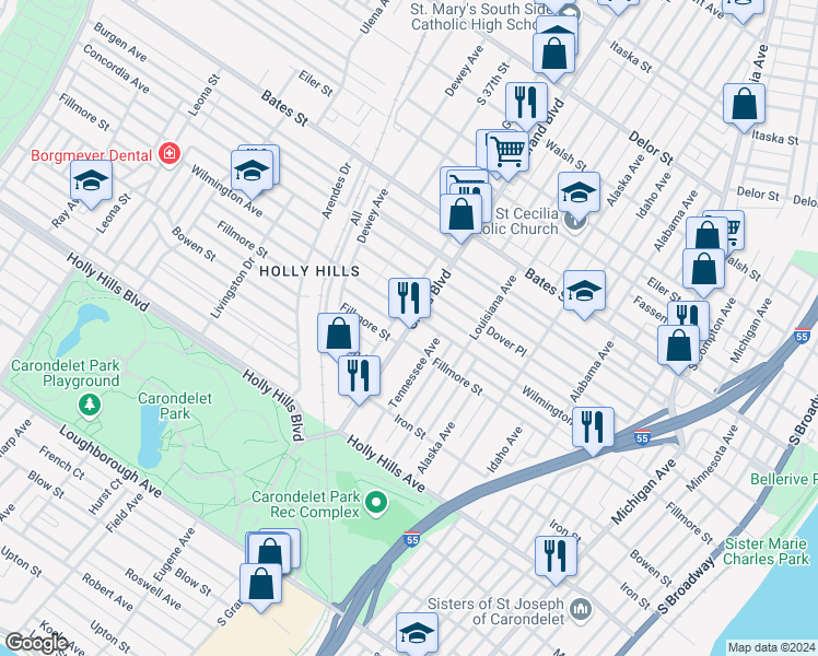 map of restaurants, bars, coffee shops, grocery stores, and more near 6021 Tennessee Avenue in St. Louis