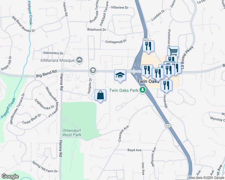 map of restaurants, bars, coffee shops, grocery stores, and more near 1430 Autumn Leaf Drive in Ballwin