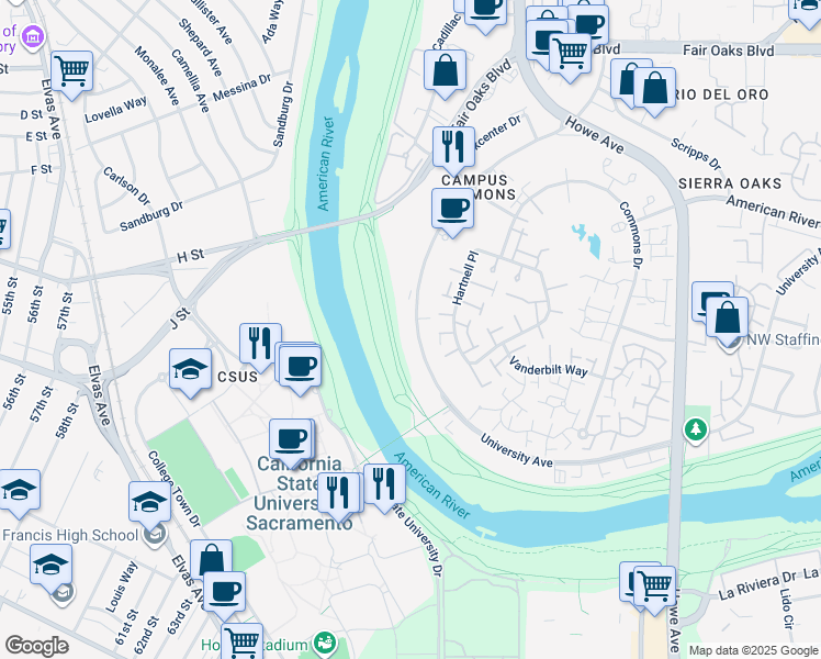 map of restaurants, bars, coffee shops, grocery stores, and more near 808 University Avenue in Sacramento