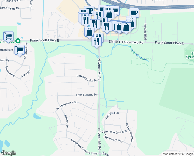 map of restaurants, bars, coffee shops, grocery stores, and more near 1055 North Green Mount Road in Belleville