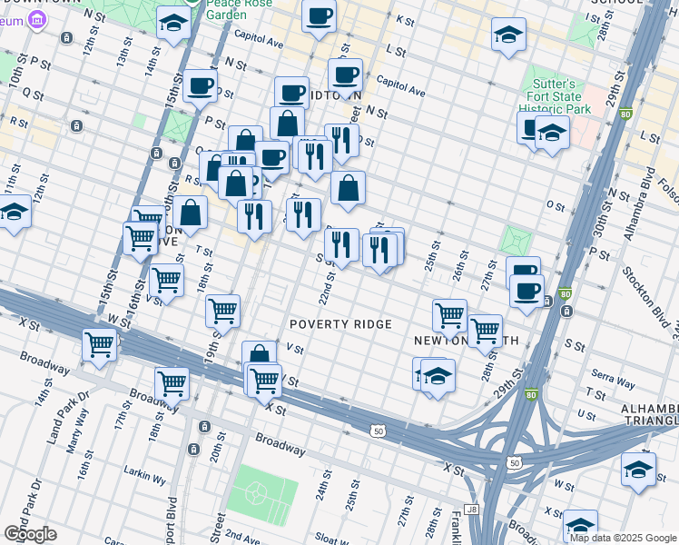 map of restaurants, bars, coffee shops, grocery stores, and more near 1907 22nd Street in Sacramento