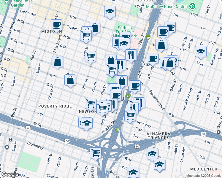 map of restaurants, bars, coffee shops, grocery stores, and more near 1799 28th Street in Sacramento