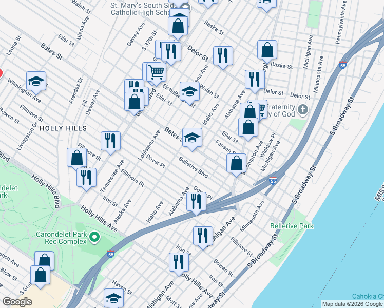 map of restaurants, bars, coffee shops, grocery stores, and more near 725 Bellerive Boulevard in Saint Louis