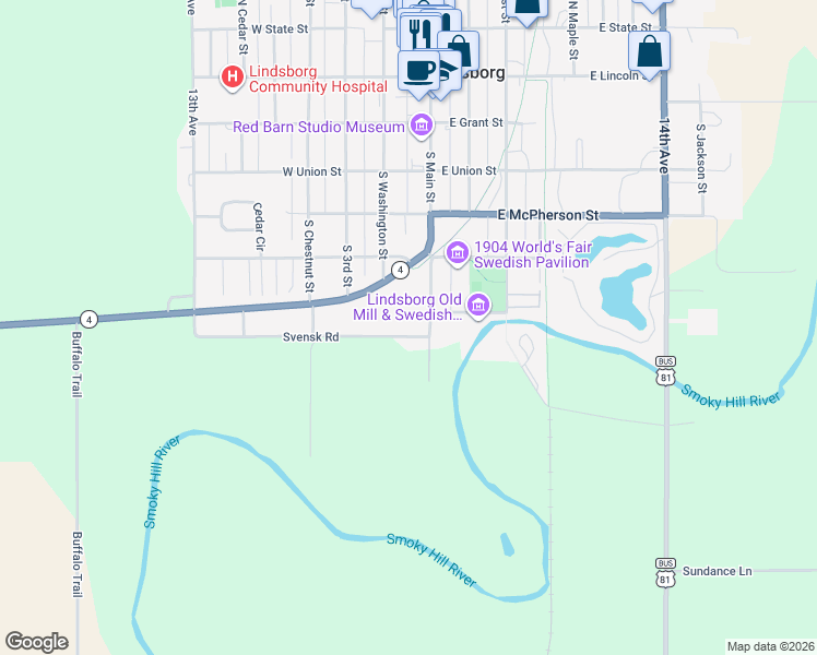 map of restaurants, bars, coffee shops, grocery stores, and more near 530 South Main Street in Lindsborg