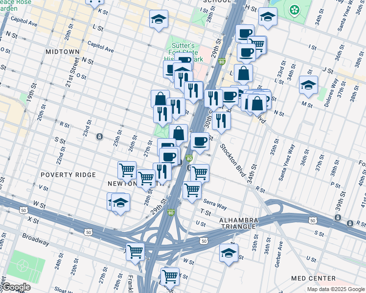 map of restaurants, bars, coffee shops, grocery stores, and more near Q Street & 29th Street in Sacramento