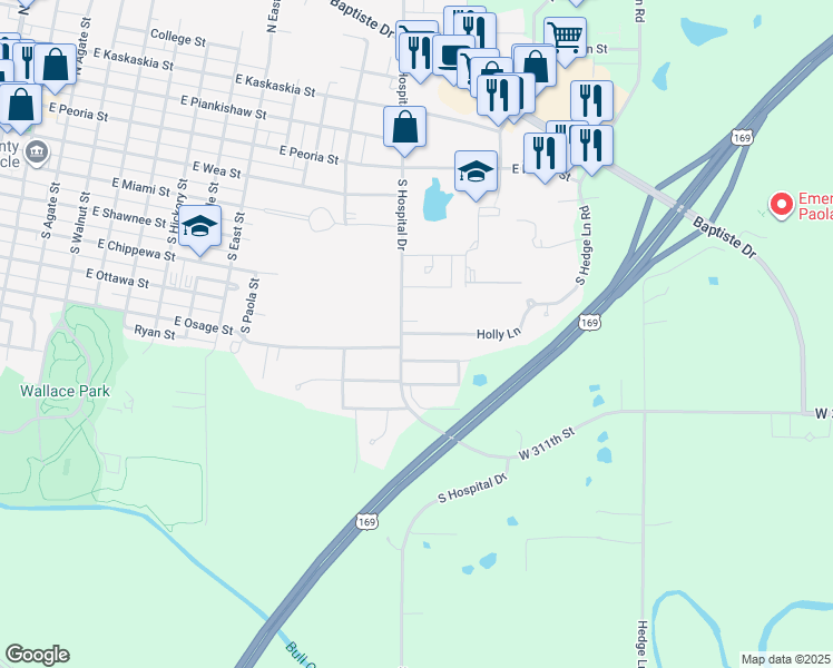 map of restaurants, bars, coffee shops, grocery stores, and more near 16 Holly Ln in Paola
