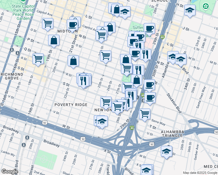 map of restaurants, bars, coffee shops, grocery stores, and more near R St & 26th St in Sacramento