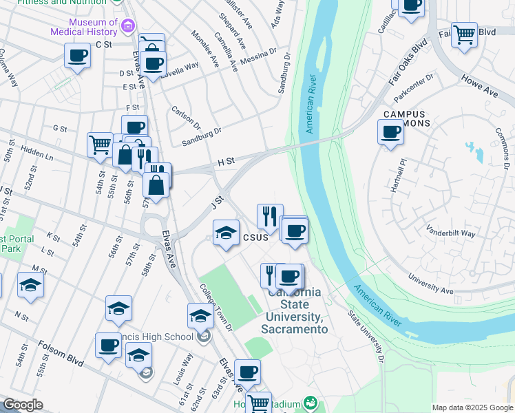 map of restaurants, bars, coffee shops, grocery stores, and more near 6000 J Street in Sacramento